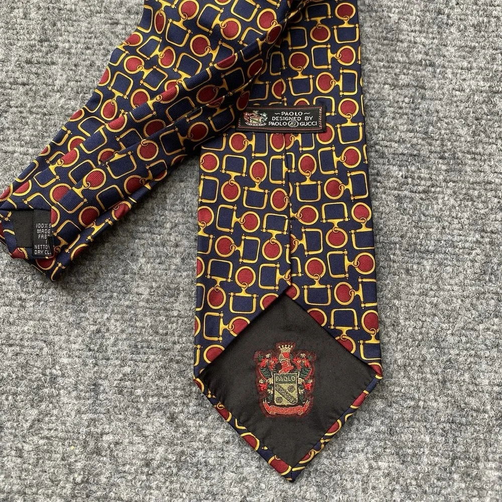 Paolo Gucci Silk Necktie Navy Red Gold Equestrian Horse Bit Geometric Classic